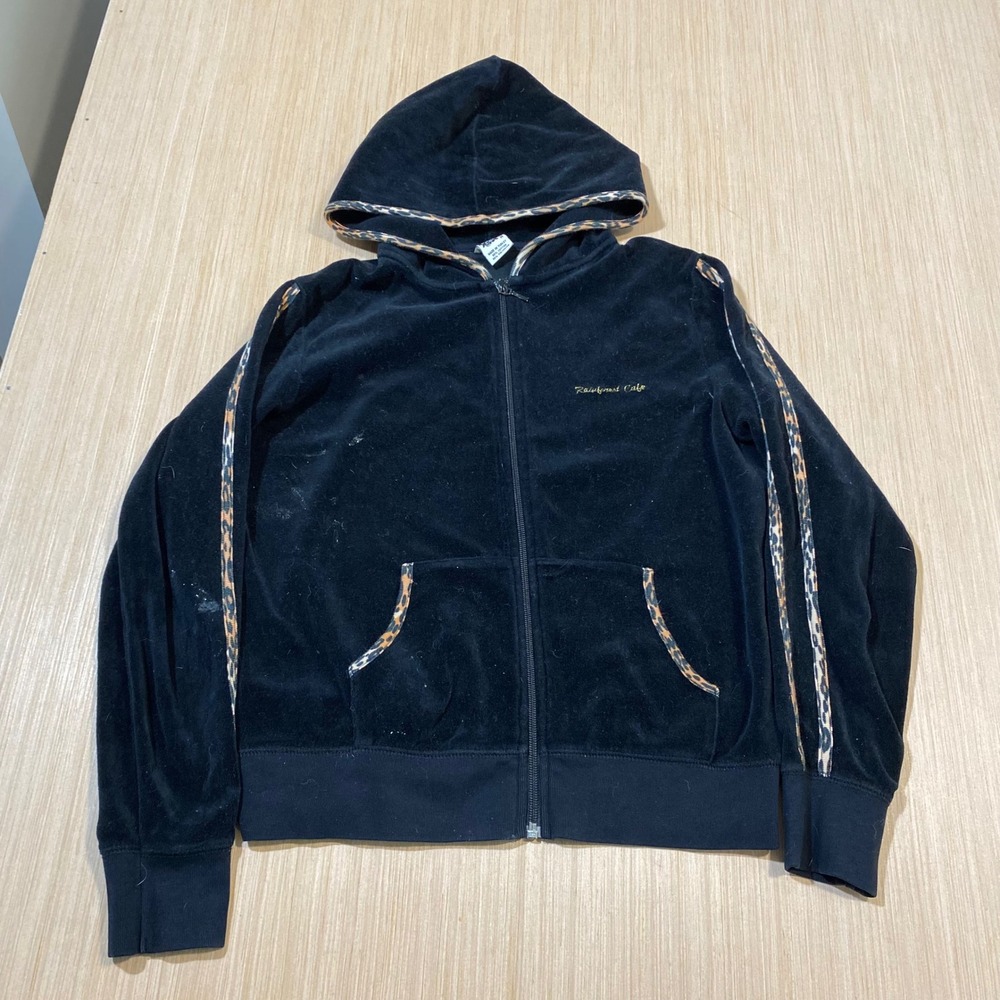 Rainforest Cafe Black Velour Leopard Trim Zip Up Hoodie Jacket Womens Medium